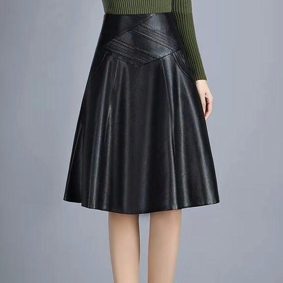 Women PU Leather Skirt Black High Waist Pleated Skirt Slim Mid-length Plus Size A-line Skirt Autumn Winter