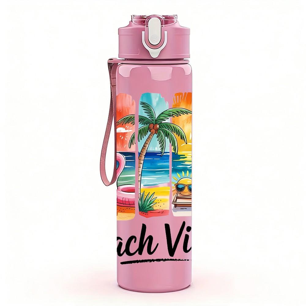 1PC Beach Vibes Tropical Retro Vacation Badge 750ml Color Plastic Sports Water Bottle Leakproof Flip Straw Lid Suitable for Sports Office Home Use