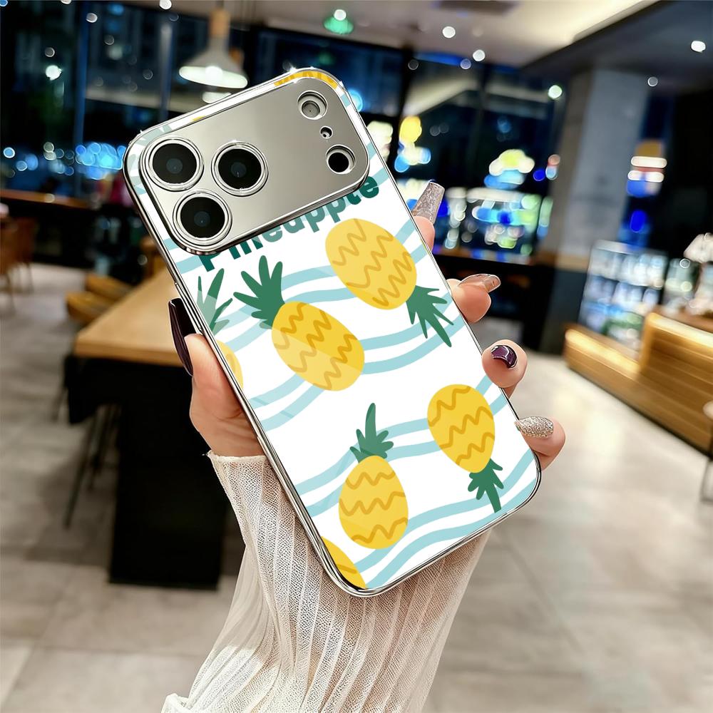 Ins Fruit Fashion Phone Case For iPhone 17 16 15 14 13 12 Pro Max Plus Electroplated Metal Shockproof Bumper Case Glass Back