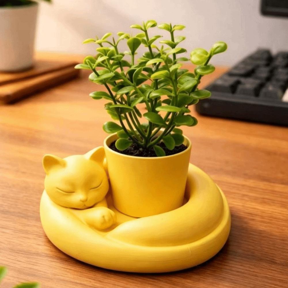 3D Printed Cat Sleeping Flowerpot Plastic Animal Shaped Planter Cat-Shaped Planter Pot Desktop