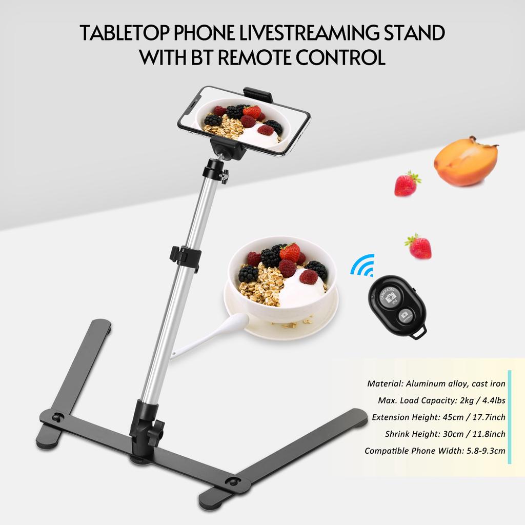 Photography Copy Stand Tabletop Phone Livestreaming Stand Kit with Adjustable Phone Holder Remote Control Overhead