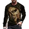 Flame Skull 3D Printed Streetwear Men's T-Shirts Long Sleeve Round-Neck Horror Halloween Man Tops Loose Gothic Round-Neck Tees