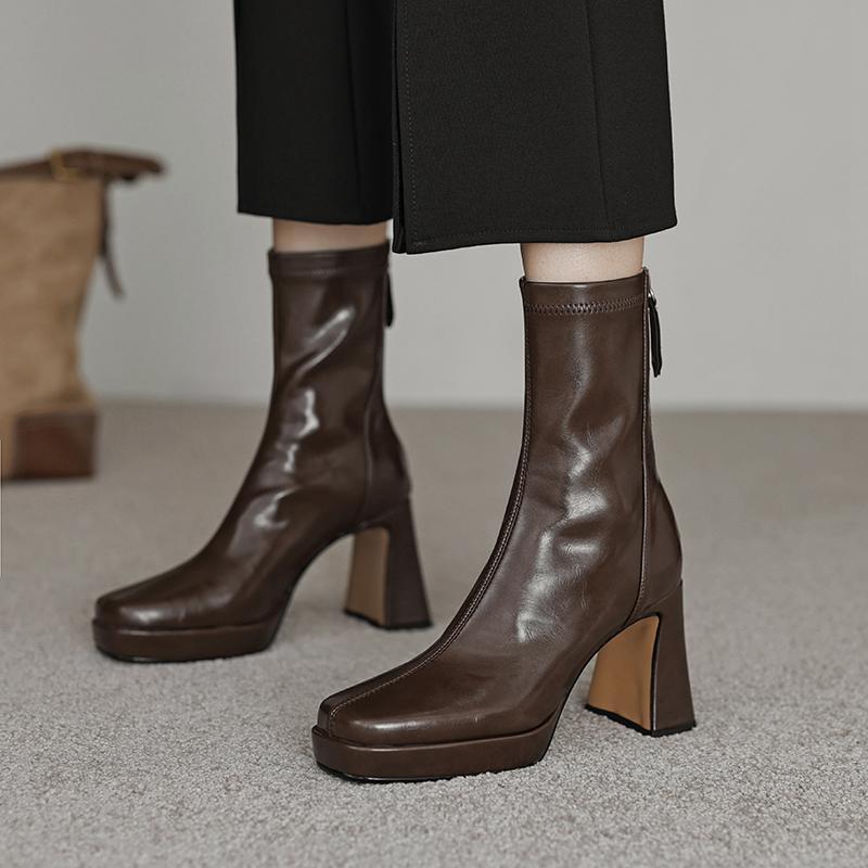 Krazing Pot Microfiber Autumn Winter Shoes Thick High Heels Platform Boots Square Toe Keep Warm Zipper Ankle Boots