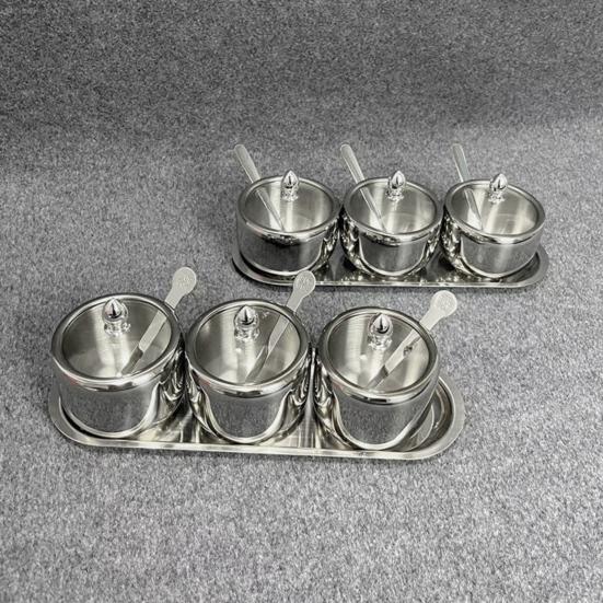 Stainless Steel Seasoning Containers Set with Lid Spoon Tray 3 Grids Condiment Jar Spice Container Canisters Pots for Serving Sugar Pepper Salt Spice