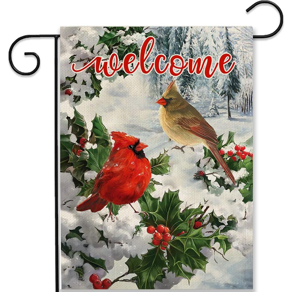 Celebrate The Season with a Double-Sided Garden Flag Featuring Winter Garden Cardinals, Measuring , Adorned with Red And Yellow Birds, Snowy Berries,
