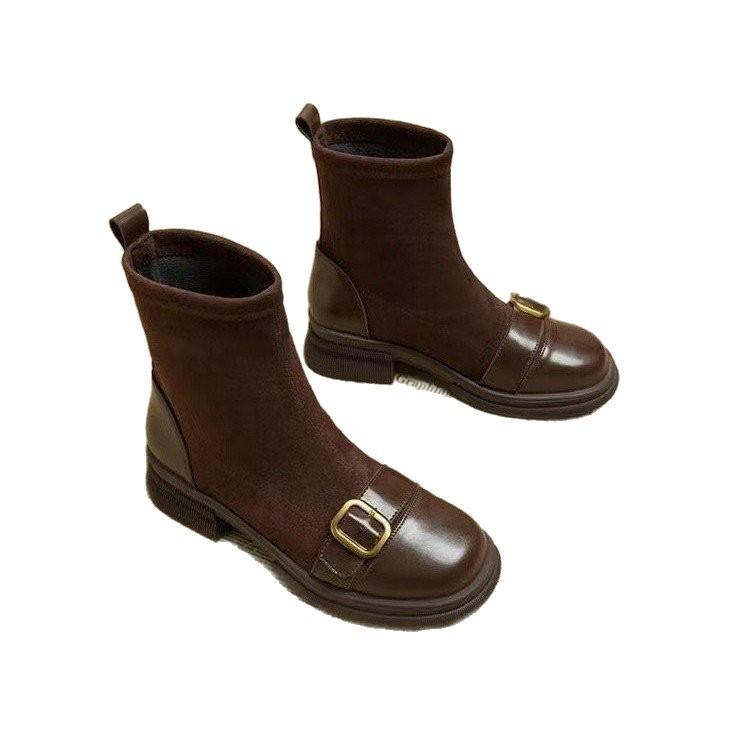 Temperament Short Boots Women's Chelsea Boots Autumn and Winter Elastic Skinny Boots Socks Boots Brown Medium Boots Fleece