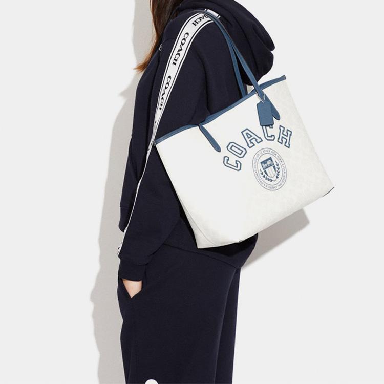 Новая сумка-тоут COACH City из искусственной кожи, сумка для покупок, наплечная сумка, сумочка, большой размер, женская, мелово-белая и индиго, CB869-SVUOB