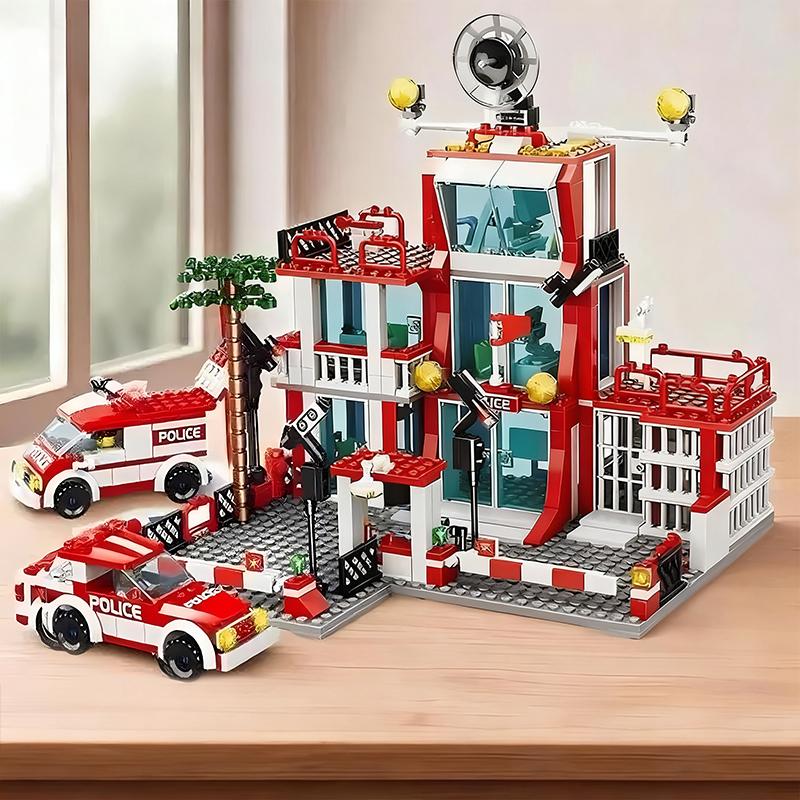 Police and Fire Station Building Blocks Set with Rescue Truck Car Figures Construction Toy for Boys Kids Learning Christmas Gift