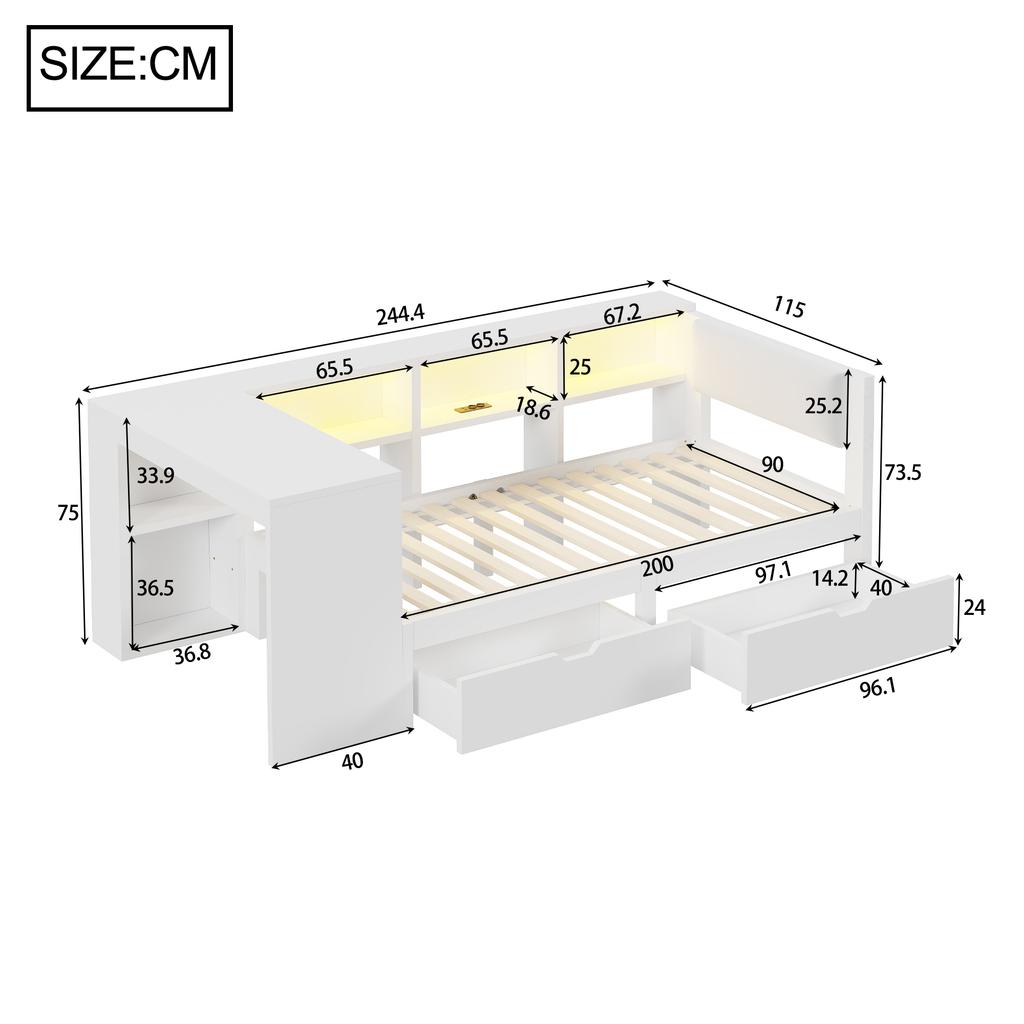 90x200 Wood Platform Bed with Shelves, Drawers, Charging Station and Upholstered Headboard, With Colorful LED Lights, White