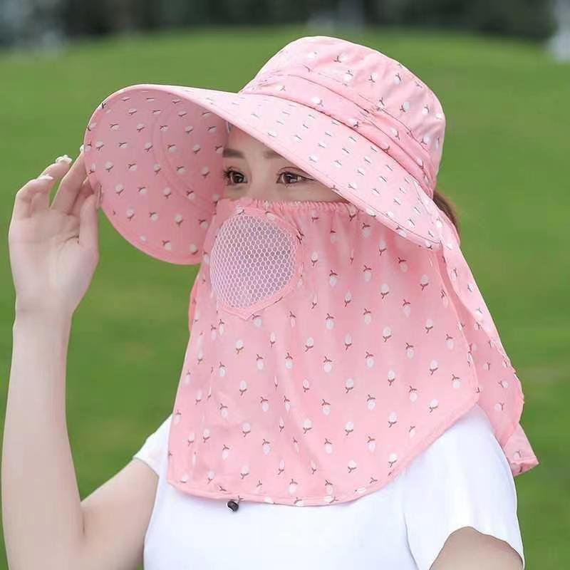 Summer sun hat women's sun protection face covering shawl hat riding face protection big eaves hat mask tea picking hat small cherry can be folded