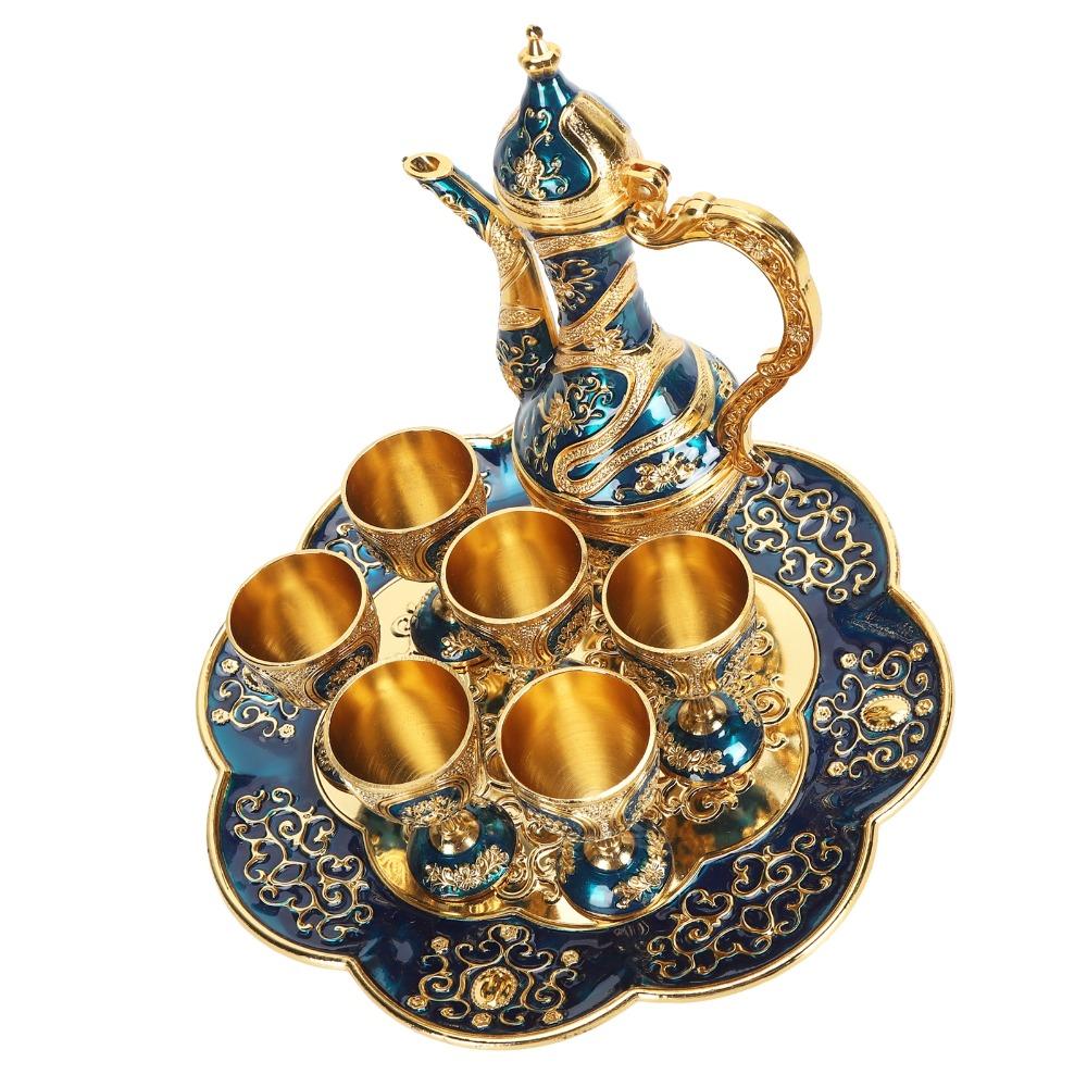 8pcs Gold Blue Vintage Tea Set Zinc Alloy Coffee Pot Cup Set Tea Pot Cup Set For Home Decor