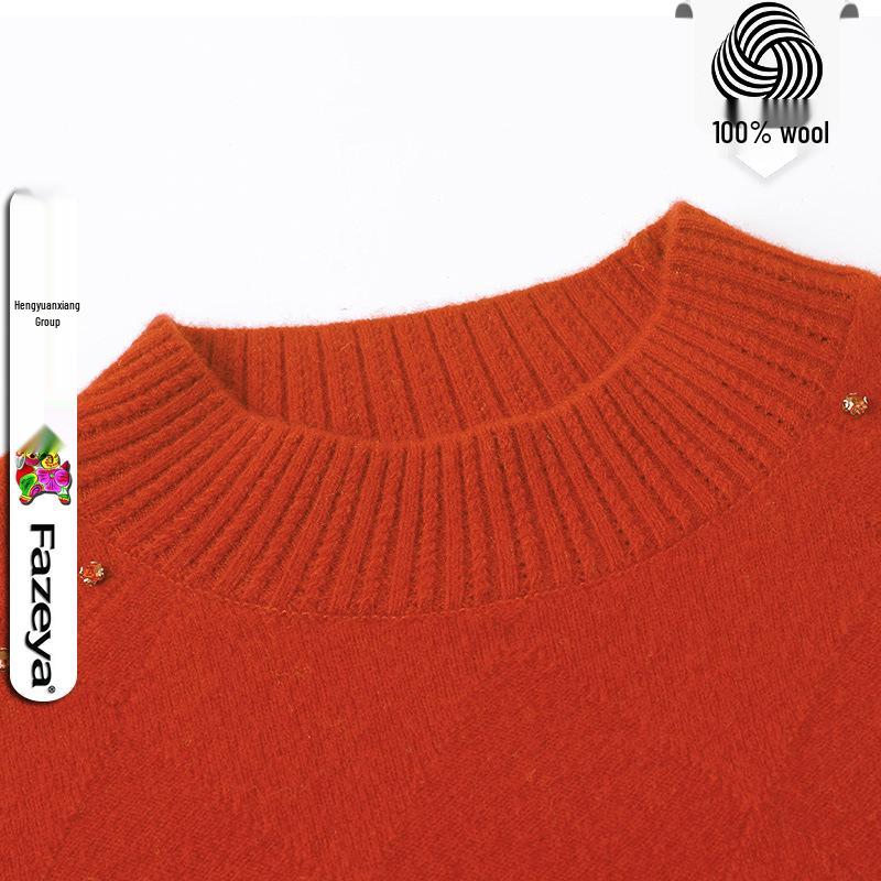 Stylish Women's Beaded Wool Sweater: Solid Color, Half-High Neck Pullover