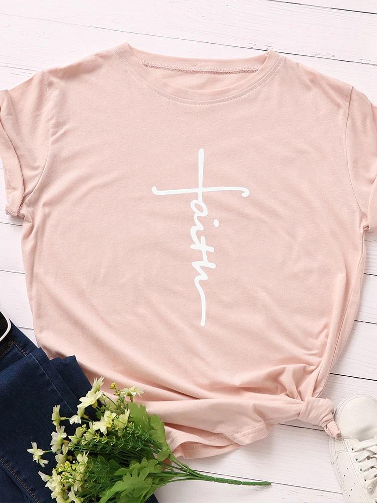 Faith Letter Print Женская футболка с коротким рукавом и круглым вырезом Свободная женская футболка Женская футболка Топы Одежда Camisetas Mujer
