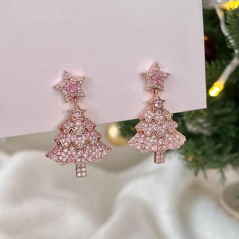 Women's Christmas Tree Zircon Crystal Star Stud Earrings Dangle Fashion Jewelry Gift for Xmas Party