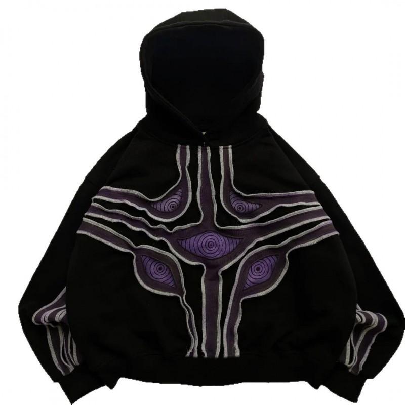 Unisex Oversized Streetwear Hoodie Black Embroidered Demon Eye Graphic Loose Fit Crewneck Sweatshirt