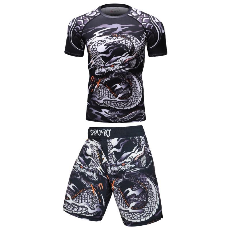 2 шт. Спортивный костюм Bjj Jiu Jitsu Gi Рашгард + Шорты MMA Штаны Муай Тай Крутая Одежда для Бокса Борьбы Тренажерного Зала Фитнеса Бега