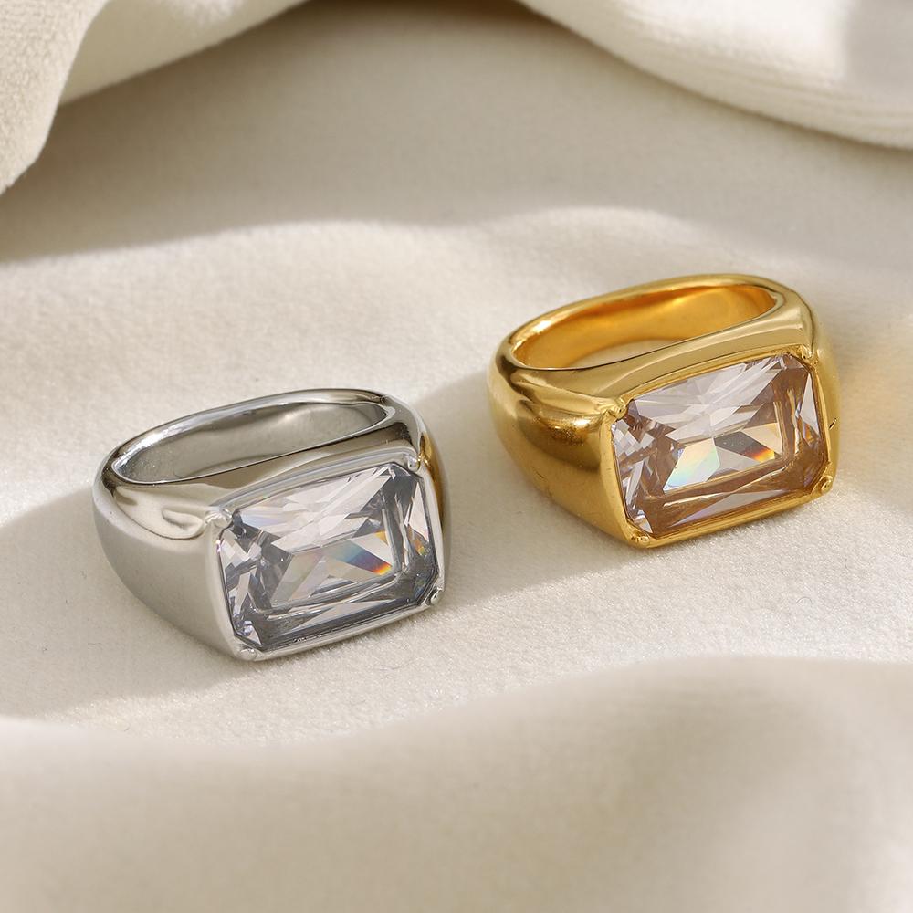 E.B.belle Square Zircon Stone Stainless Steel Wide Side Ring Romantic Statement Gold Plated Jewelry Accessories For Women