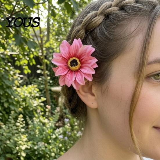 Регулируемая Эластичная Заколка для Волос Девочки, Зажим для Волос с Черным Основанием и 3D Имитацией Фотографии Идеальный Цветочный Подсолнух, Легкий Аксессуар для Волос на Свадьбу
