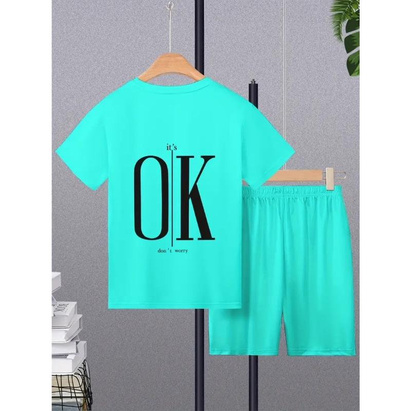 Summer Letter OK Color Print Fashionable Comfortable Loose Sports Men's Short Sleeved Two-piece Sport Wear