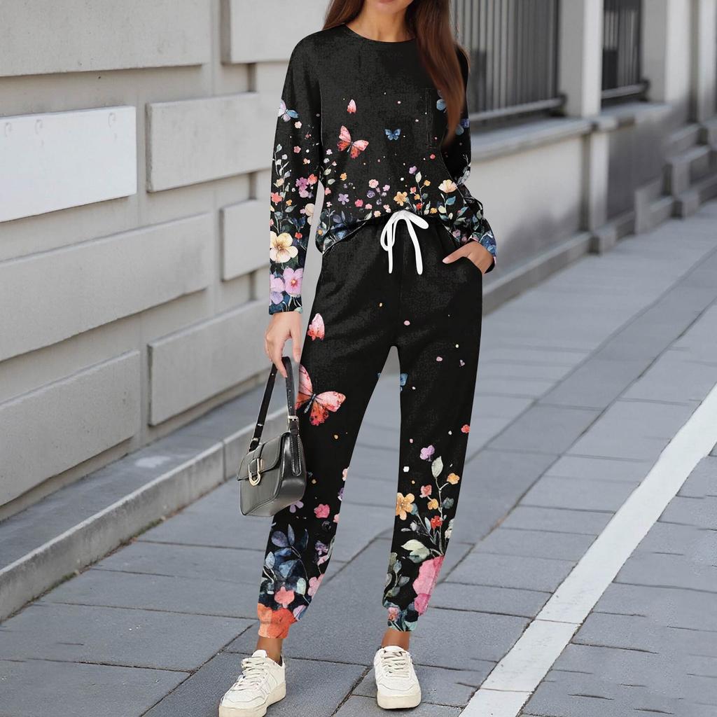 Комплекты для женщин из 2 предметов: футболки с круглым вырезом и длинным рукавом, принтованные спортивные брюки с карманами