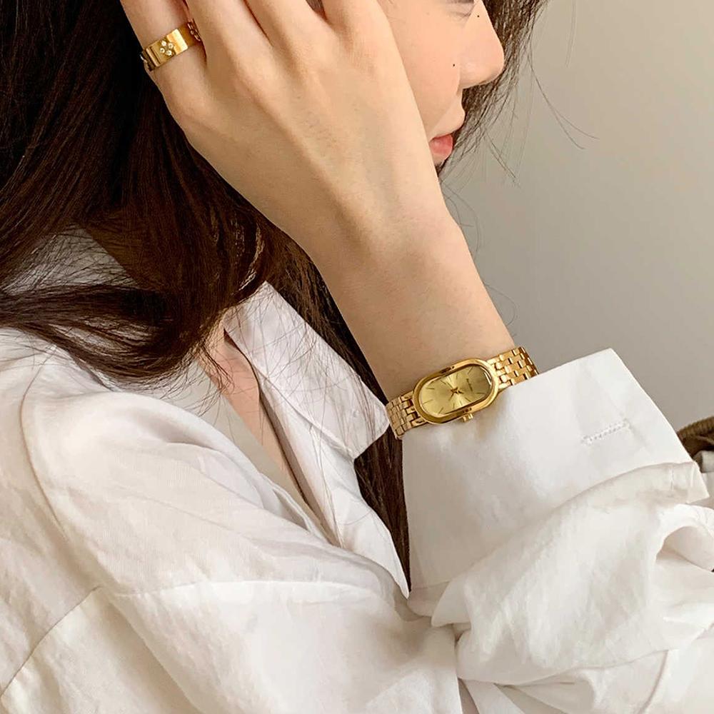 New Women Watch Elegant Gold Oval Quartz Women's Wristwatch Stainless Steel Bracelet Retro Dress Ladies Watches Accessory