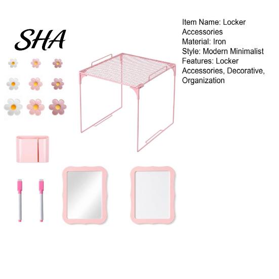 Metal Locker Storage Shelf 15Pcs/Set Pink Accessories for School Girls, with Shelf, Dry Erase Whiteboard, Girls Supplies Markers, Mirror, Pen Holder,