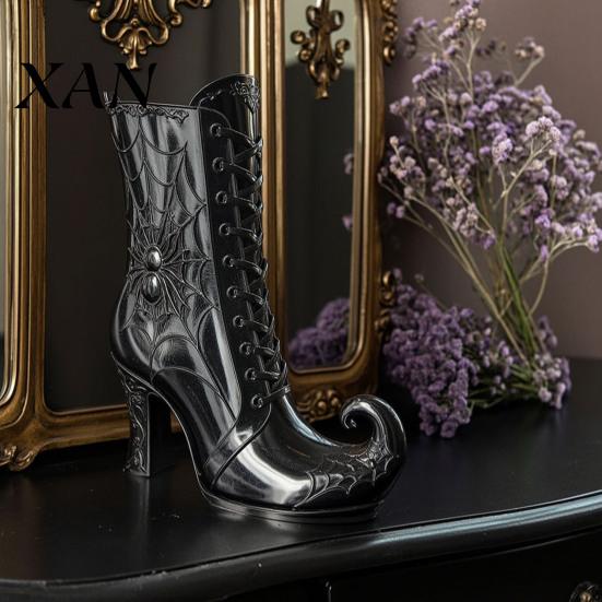 Witch Boot Flower Holder Gothic Vase, Halloween Table Centerpiece Black Spider Web Decorative Mantel Ornament High Heel, for Shelf Coffee Decoration