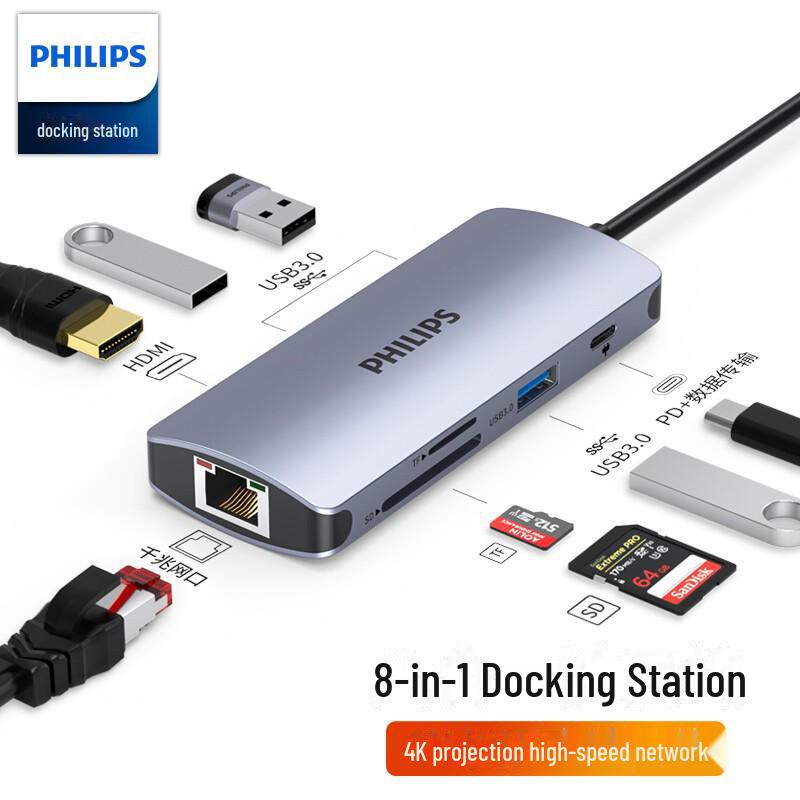 Хаб Philips Type-C для Apple и Huawei: HDMI, Сеть, Док-станция для расширения USB