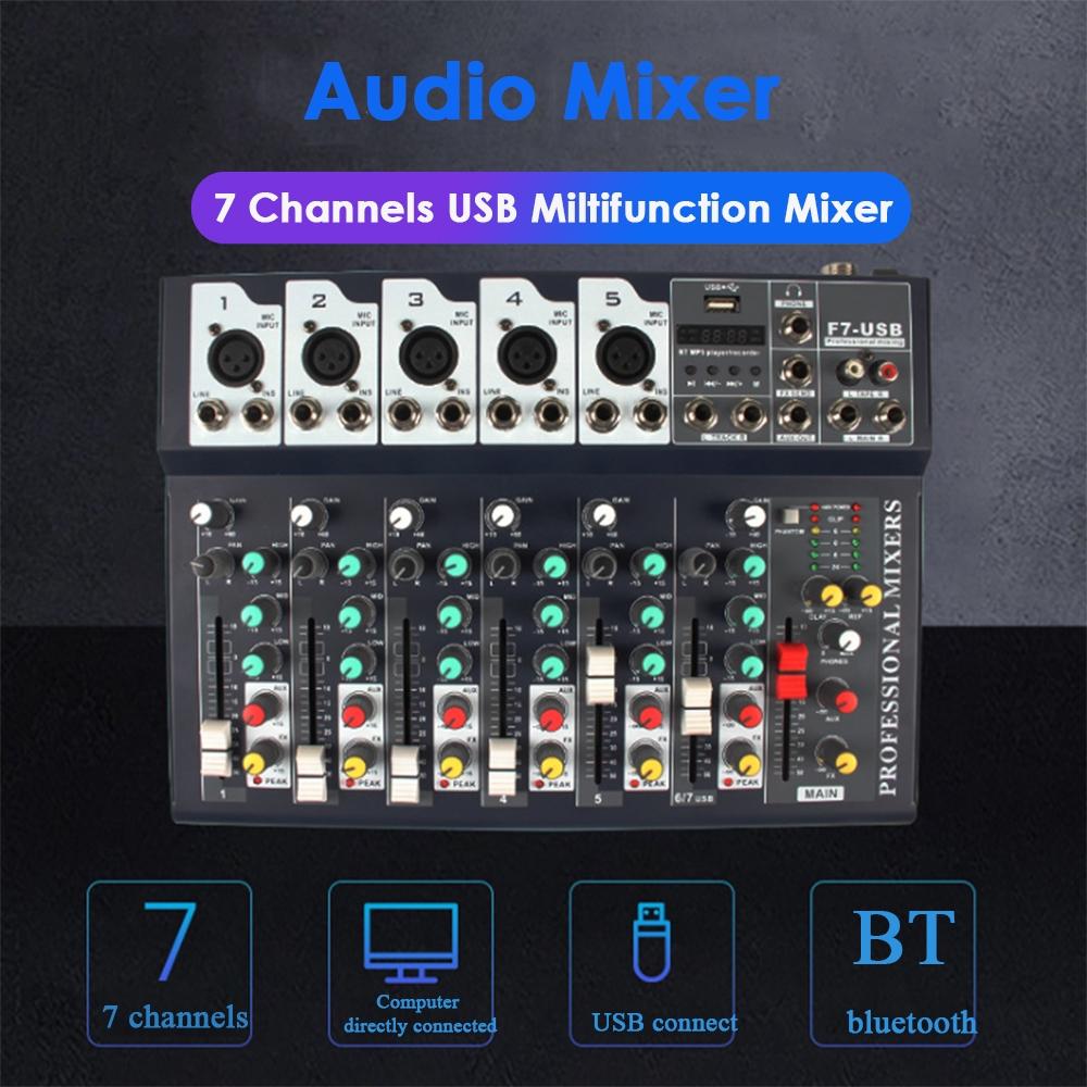 7 Channel Bluetooth Audio Mixer USB Digital Microphone Sound Mixer Console Professional Karaoke Audio Mixer Amplifier 32x23.5x3.8cm