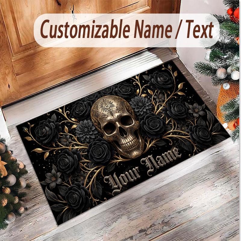 Skull Gothic Theme Soft Crystal Velvet Rug Custom Name & Text Print Non Slip Floor Rug for Bedroom Living Room