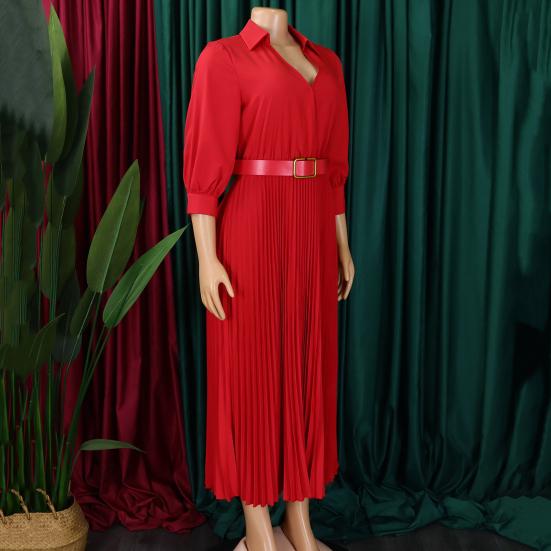 Летнее женское платье с V-образным вырезом и лацканами, трапециевидной формы, рукава три четверти, плиссированная тонкая талия, большие размеры, чистый цвет, длина до середины икры, OL, повседневное платье миди