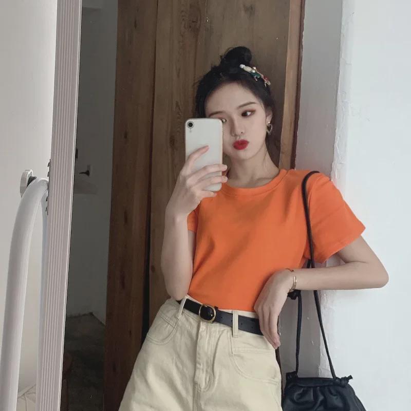 2025 г. Корейские свободные рубашки с круглым вырезом и коротким рукавом в стиле конфетного цвета для женщин