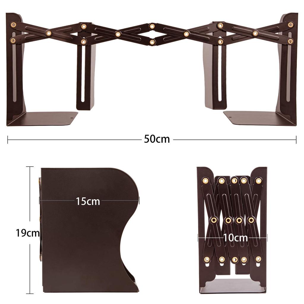 ALIOBC Extendable Metal Desktop Bookshelf with Magazine and Document Newspaper Retractable Office Brown Bookends, Anti-Tip Dividers, Storage, Files,
