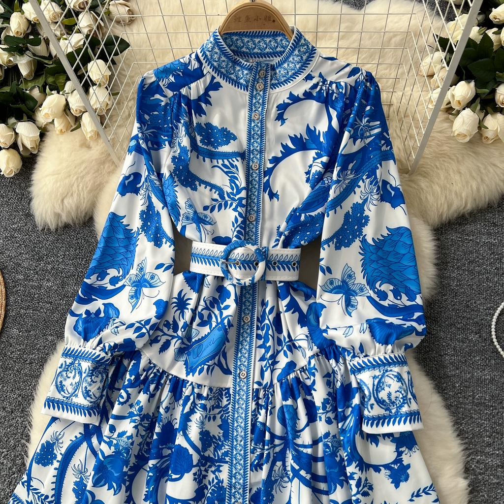 Весна Осень Винтаж Дворцовый Принт Подиумное Платье Женские Длинные Рукава Вечерние Короткие Платья С Поясом