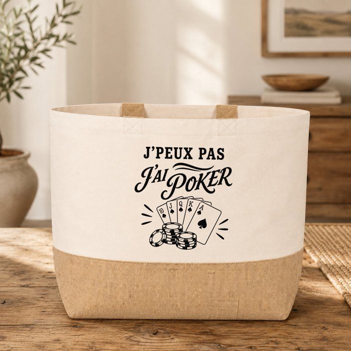 Sac J’peux pas j’ai Poker J'peux pas minimaliste | Cabas en Coton avec Fond Jute 18 L 48 × 37 × 13 cm | Marché Shopping Plage