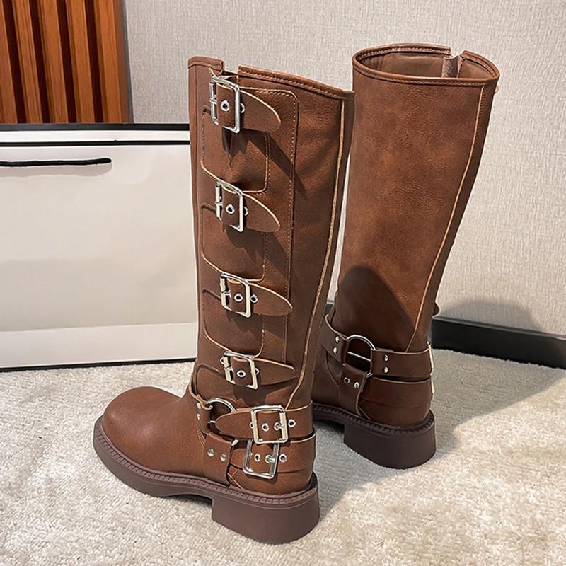 Ins Style Metal Buckle Real Leather Women Motorcycle Boots Vintage Autumn Winter Gothic Platform Knee-high Boots Shoes