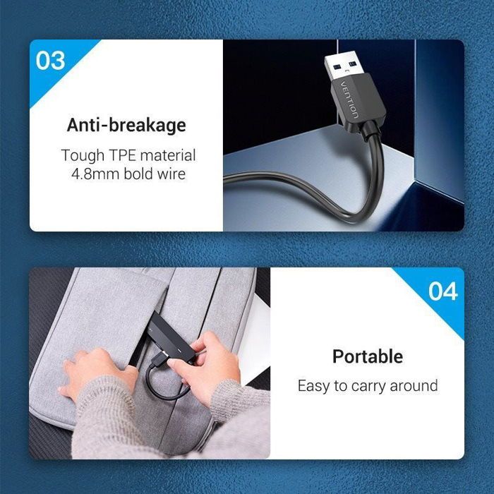 Vention Adaptateur 5-en-1 USB 2.0 Vers 3x USB 2.0 / RJ45 100Mbps Ethernet / Micro-B 0.15M Noir ABS Type