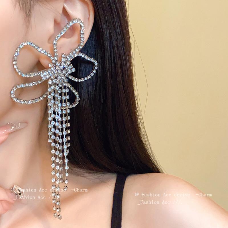 Серебряная Игла Алмазный Цветок Длинные Серьги Легкая Роскошь Модные Серьги с Бахромой Серьги с Характером Продвинутый Темперамент
