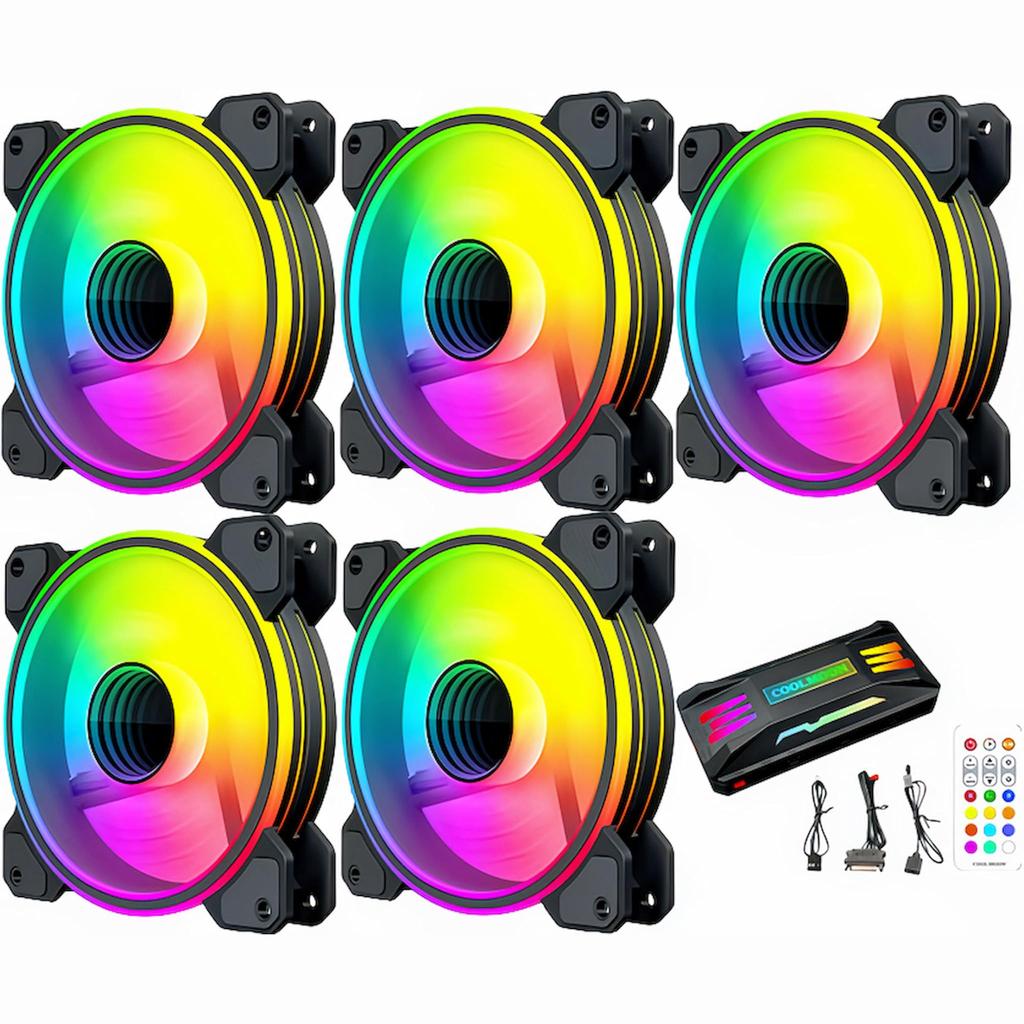 COOLMOON PC Case Fan Set of 5 120mm 4pin PWM LED ARGB 5v 3pin Fan Hub with Controller Remote Control Color Changeable Rotation Speed Changeable