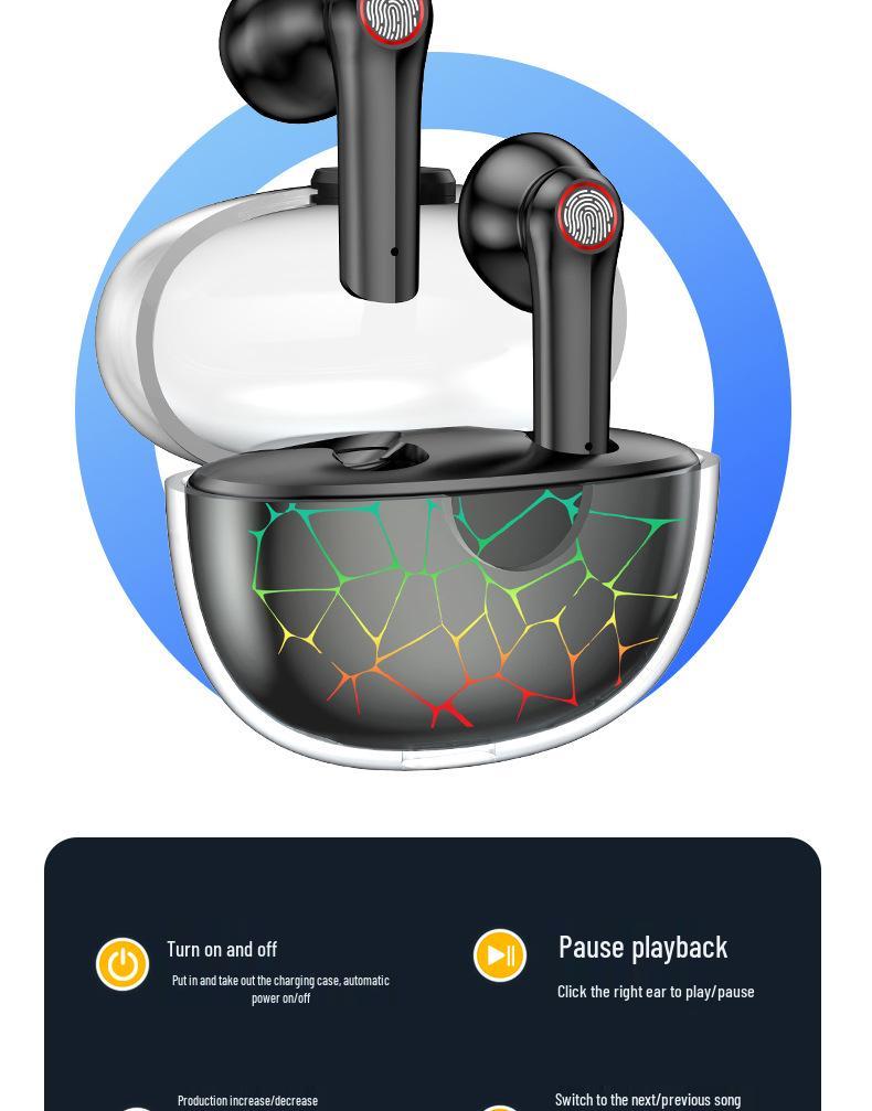 Игровые Bluetooth-наушники Gads Y8: Прозрачные с треснутыми огнями, шумоподавление ENC, беспроводной внутриканальный дизайн.