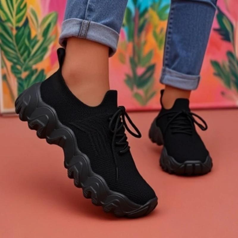 Женская вязаная обувь авангард Сетчатая обувь Эластичная Легкая Обувь на толстой подошве Амортизирующая Универсальная для повседневной носки Легкая обувь