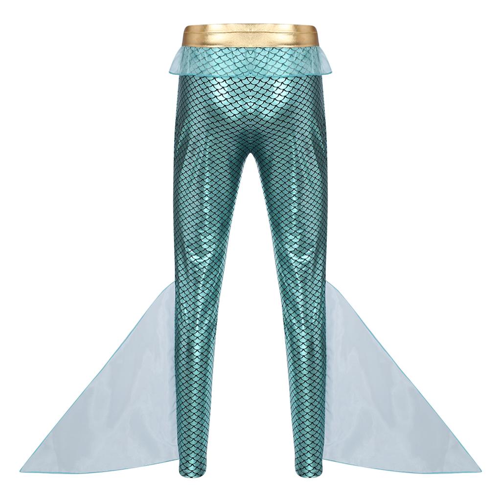 Mens Mermaid Pants King of the Seas Costume Elastic Waist Metallic Shiny Fishscale Print Tights Leggings for Halloween Cosplay