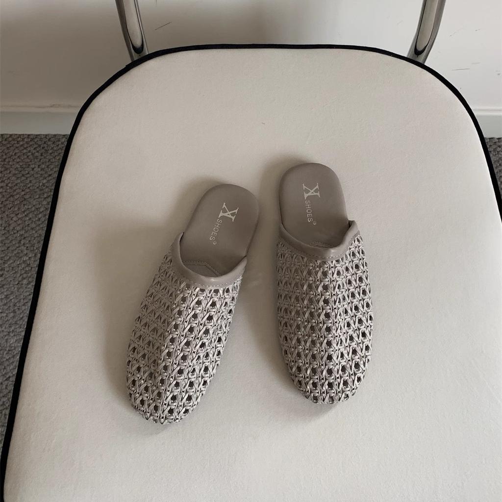 2025 Summer French Slippers Women's Versatile Outer Wear Retro Woven Bag Head Semi-breathable Non-slip Flat Bottom Muller Cool Slippers