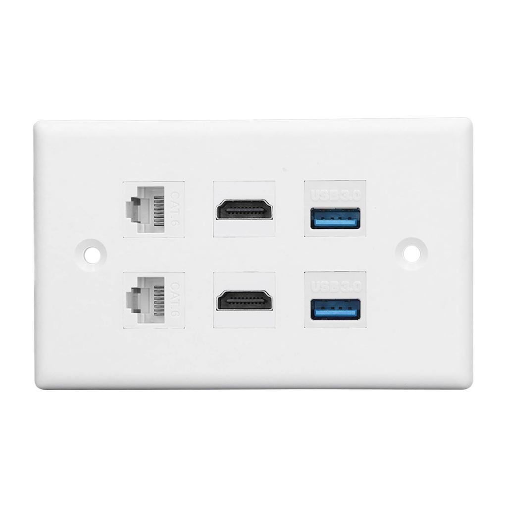 6 Port Wall Plate 2xHD Multimedia Interface 2xCat6 2xUSB3.0 RJ45 Ethernet Wall Plate for HDTV Projector Computer