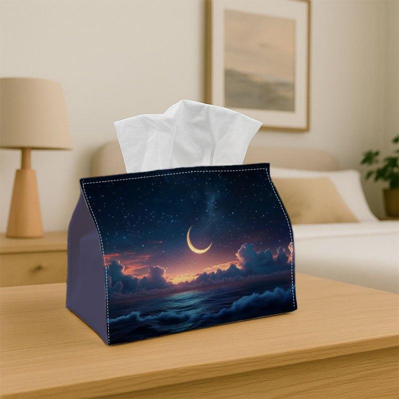 Two Sizes Available, 1pc Decorative Tissue Box Compatible for Crescent Sky Print- Elegant Rounded Edges Fabric Cover, Durable Tabletop/Shelf Storage O