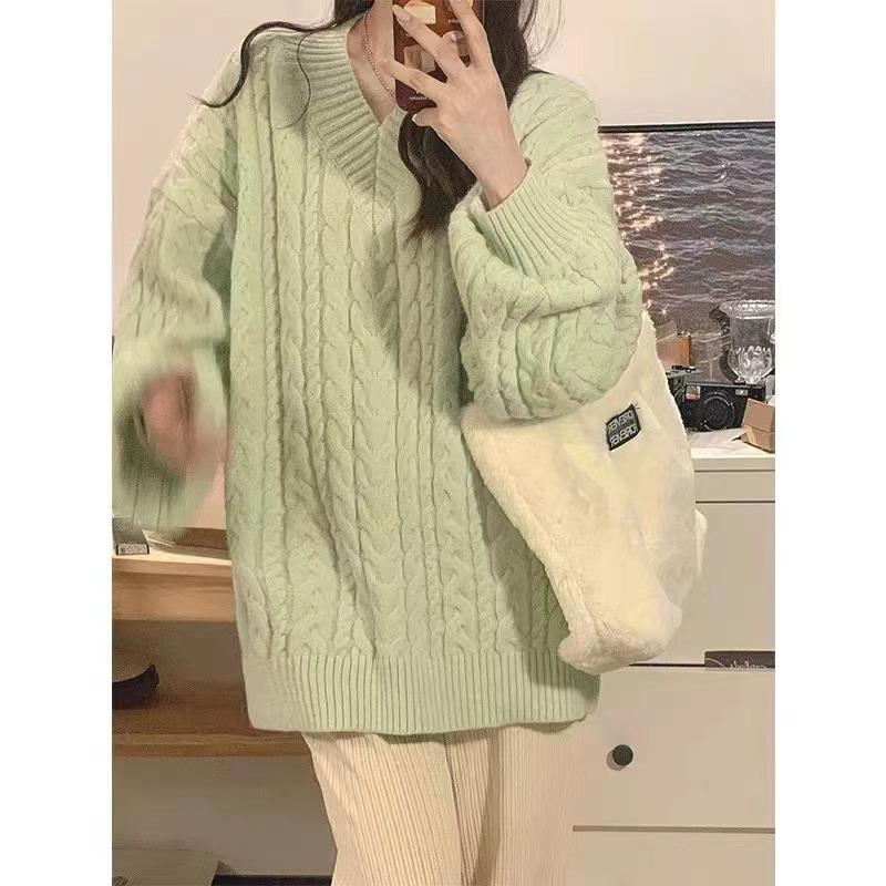 V-образный вырез ленивый ветровой свитер женский осенне-зимний комплект свободная верхняя одежда блузка утолщенный перекрученный вязаный свитер удобный универсальный модный