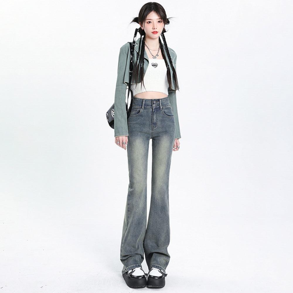 American Retro Micro-flared Jeans for Women's Winter High Waist and Thin Elastic Babes, Small Mopping Horseshoe Pants