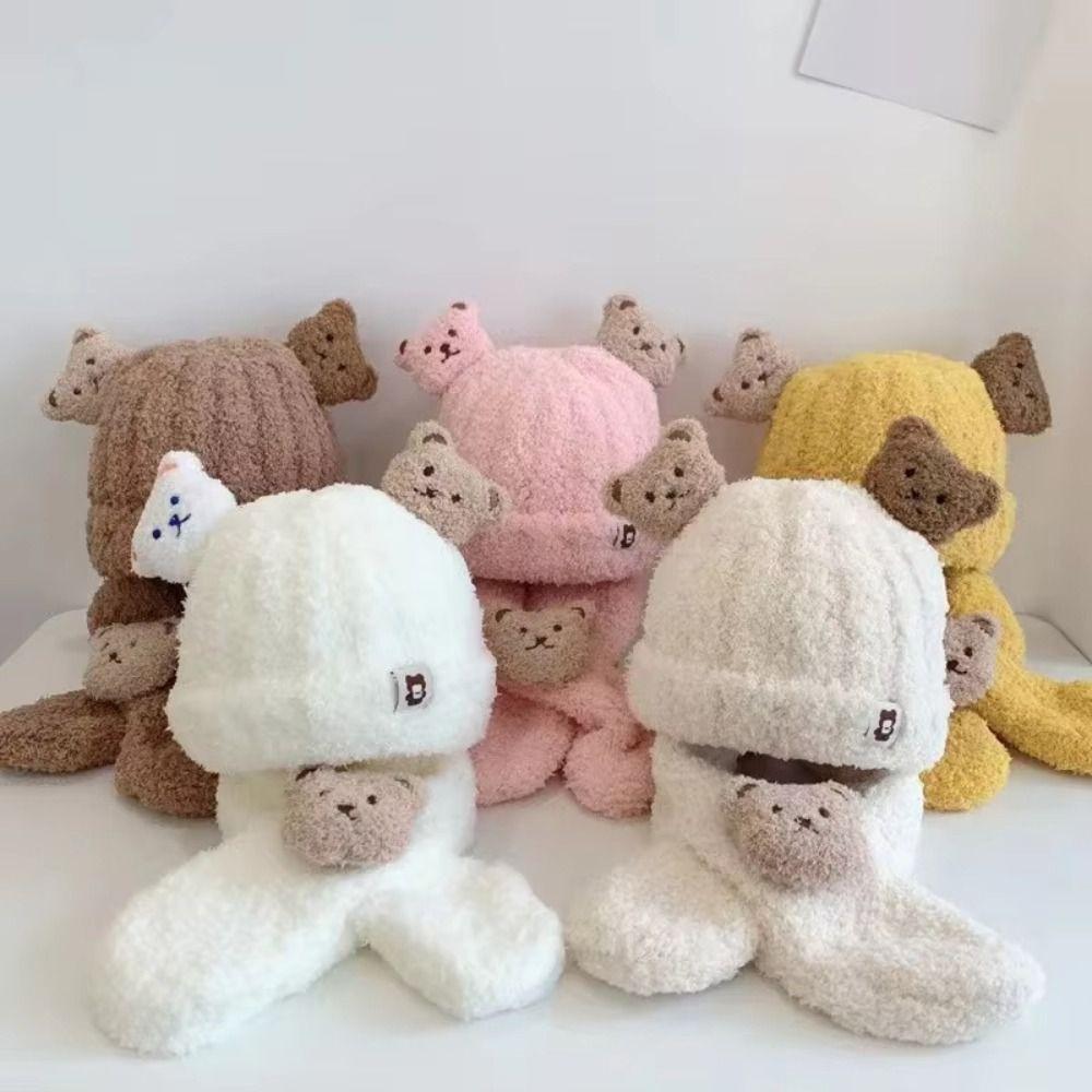 Korean Style Bear Scarf Hat Set Cute Kids Crochet Hat Children's Ear Protection Hat Outdoor