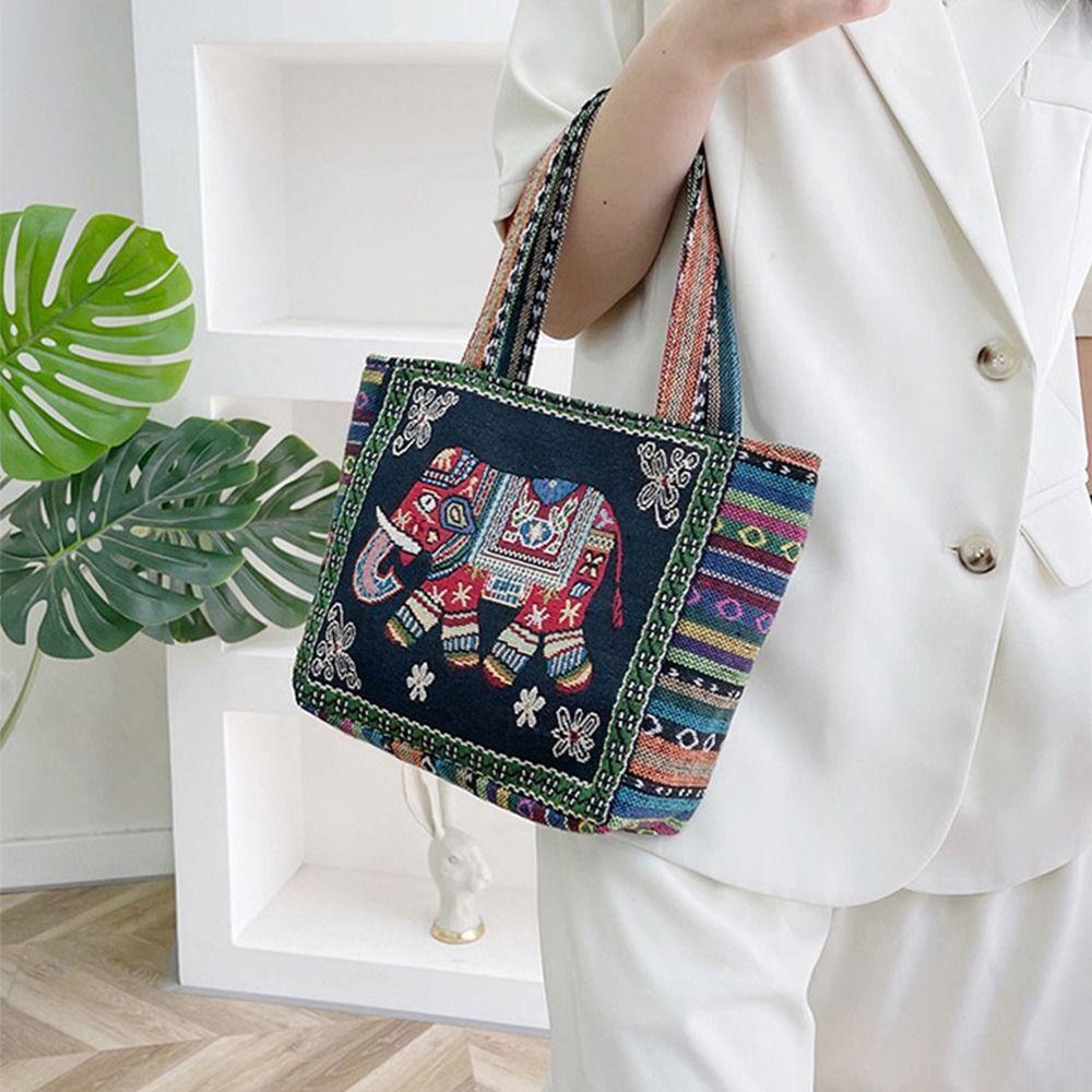 Peacock Canvas Tote Bag Embroidery Elephant Handbag Simple Ethnic Style Handbag Grocery Handbags