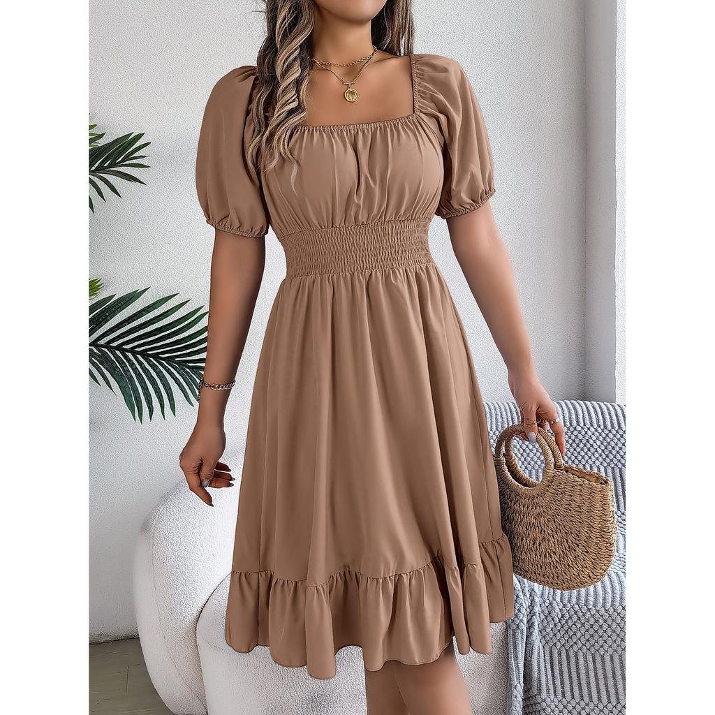 Fashion Women's Square Collar Short Sleeve Pleated High Waist Dress Women Casual Office Career Business Dresses Solid Color Dress Women